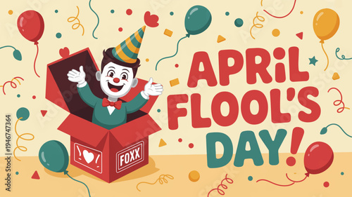 April fools' day funny prank illustration with clown popping out of box surrounded by colorful balloons and confetti