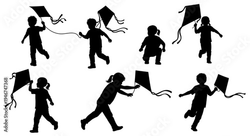 Children Silhouettes Flying Kites Outdoors on White Background, Diverse Playful Activities