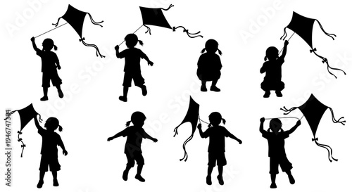Children Silhouettes Flying Kites Outdoors on Windy Day