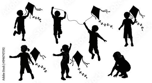 Children Silhouettes Flying Kites Outdoors on White Background