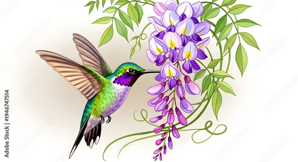 Naklejka premium Hummingbird feeding on purple wisteria flowers