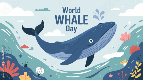 Whale swimming in ocean waves on world whale day with coral reef and seaweed