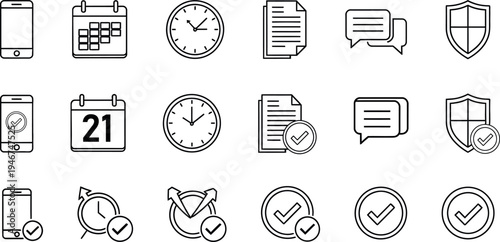 Icon set for time management and security concepts clocks calendars shields