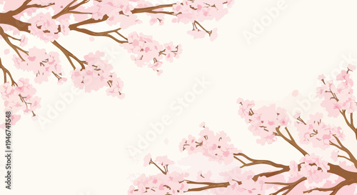 Elegant cherry blossom branches with delicate pink flowers and green leaves on a light cream background, perfect for spring designs, wedding invitations, or romantic banners and presentations.