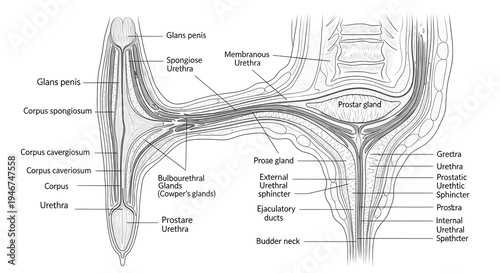Black and white sagittal anatomical illustration of the male urethra showing prostatic, membranous and spongy segments passing through prostate gland and corpus spongiosum with bulbourethral glands an