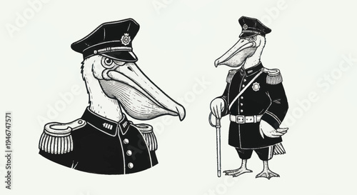 Two Pelicans Dressed in Military Uniforms.