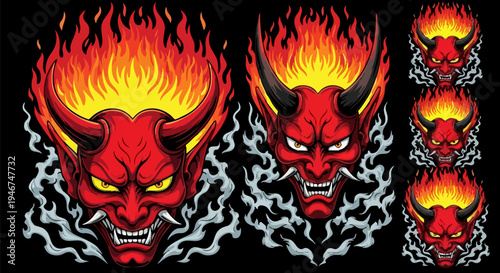 Fiery Red Oni Demon Mask Vector Illustration Set with Horns, Flames, and Smoke for Japanese Mythology, Tattoo Designs, or Gaming Graphics