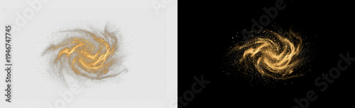 Glowing golden light swirl and magical spiral vortex effect featuring a cosmic dusty galaxy and glowing particles, isolated on transparent background, dynamic PNG graphic overlay
