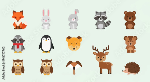 Collection of Adorable Forest and Arctic Animals in Cute Cartoon Style.