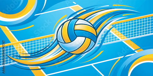 Volleyball in motion on court.