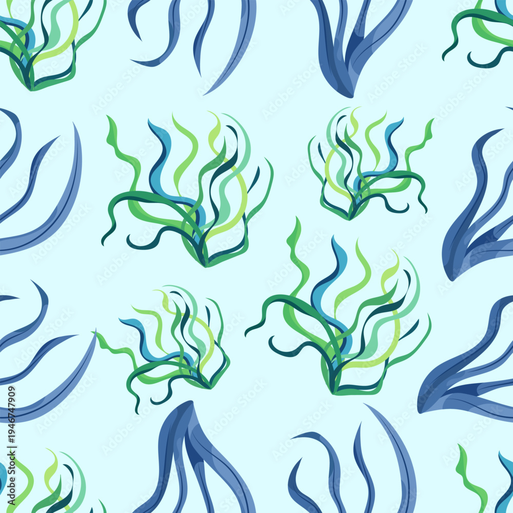 Obraz premium Seaweed seamless pattern underwater marine plants ocean background
