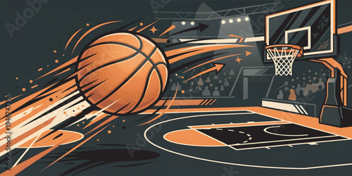 Basketball in motion towards hoop fast.