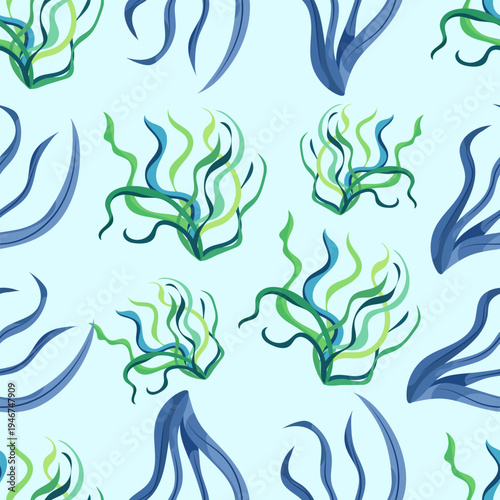 Seaweed seamless pattern underwater marine plants ocean background