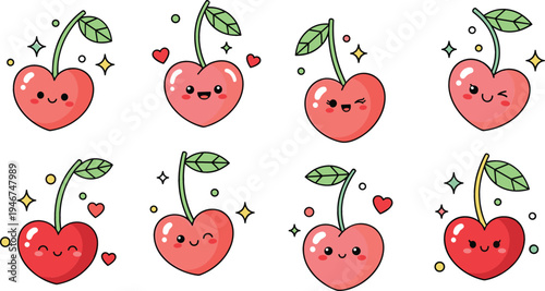 Cute cartoon cherry characters with smiling faces hearts and sparkles kawaii fruit illustration set playful summer food flat vector design