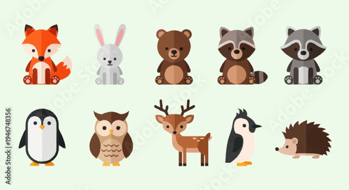 Collection of Adorable Cartoon Forest and Arctic Animals.