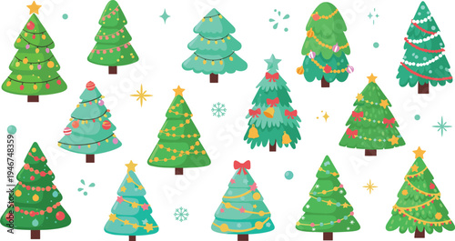 Collection of decorated Christmas trees with ornaments garlands stars and snowflakes festive holiday evergreen tree set flat vector illustration