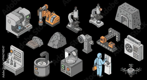 Isometric Industrial Science and Technology Equipment Collection.