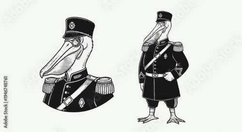 Two pelicans dressed in vintage military uniforms.