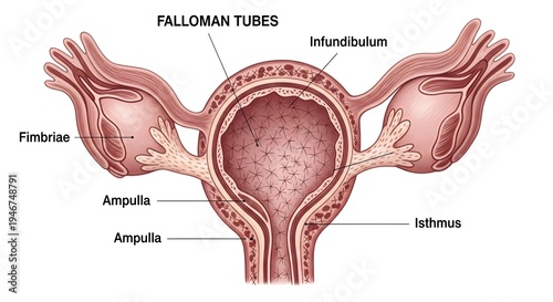 Detailed frontal anatomical illustration of female fallopian tubes showing infundibulum with fimbriae, ampulla and isthmus attached to the uterine fundus, highlighting the pathway for oocyte capture, 