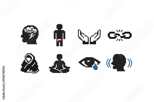 Pixel art mental health and wellness icon set showing brain, vulnerable person, support hands, awareness ribbon, meditation, crying eye, and anxiety silhouette