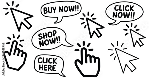 Hand drawn mouse cursors and speech bubbles, call to action phrases for web elements, doodle pointer icons, click button symbols
