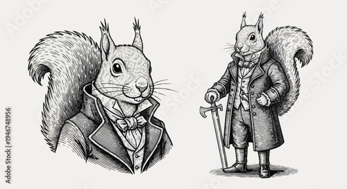 Elegant Squirrels Dressed in Victorian Attire with Canes.