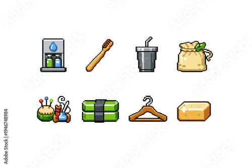 Set of pixel art icons showing water dispenser, toothbrush, drink cup with straw, money bag, sewing kit, stacked cash, hanger, and soap bar