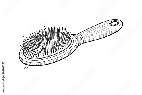 Black and white hand-drawn hairbrush with bristles and wooden handle, simple sketch illustration of grooming tool isolated on white background