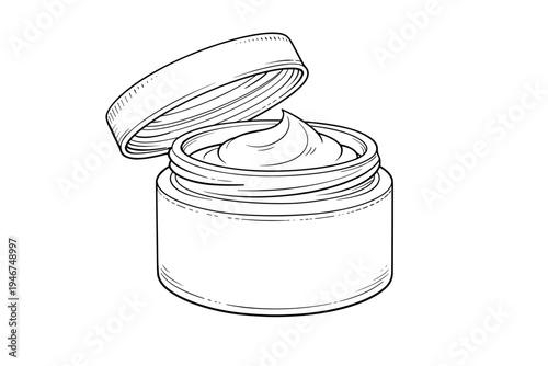 Minimal black and white line drawing of an open cosmetic cream jar with lid removed, showing smooth moisturizer swirl in a round container