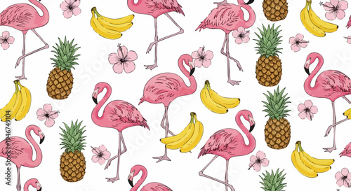 Vibrant Tropical Summer Seamless Pattern Vector with Pink Flamingos, Yellow Bananas, Green Pineapples, and Pink Hibiscus Flowers on White Background