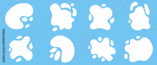White irregular promo spots. Milk or water splash, blob puddle. Abstract paint stain blot liquid shape. Text boxes in organic and fluid graphic forms. Vector illustration of abstract amoeba figures.