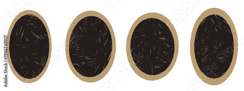 Paper cutout oval with dark linocut interior and retro crayon border on frame. Round oval paper in collage texture with linocut ellipse fill. Vector border with bold retro contrast and craft cutout.