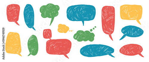 Colorful crayon speech bubbles with rough chalk texture. Hand-drawn dialog frames in blue, red. Cute doodle kids talk balloons for comic and cartoon messaging design. Vector handmade feedback set.