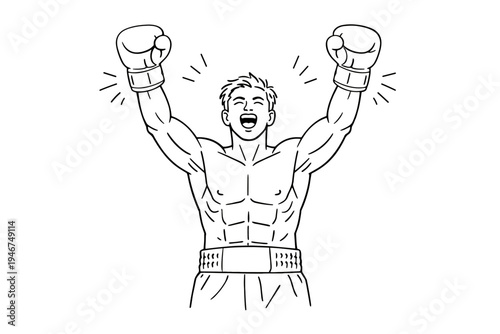 Black and white line illustration of a muscular boxer wearing gloves with arms raised in victory, celebrating a win in the boxing ring