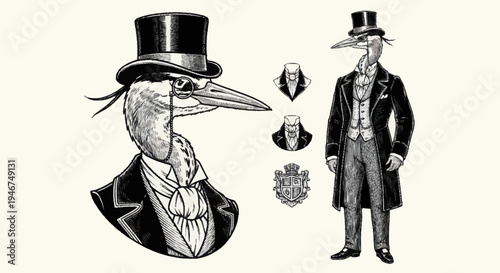 Vintage Illustration of Anthropomorphic Bird in Formal Attire.