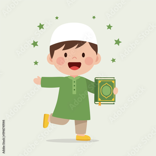A boy holding holy Al-Qur'an to celebrate eid al-fitr, vector illustration