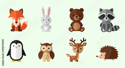 Collection of Cute Forest and Arctic Animals in Cartoon Style.