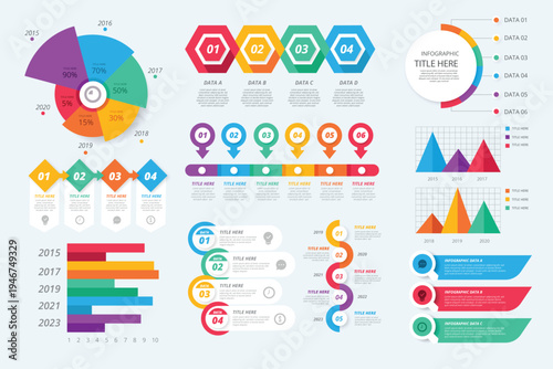 A colorful infographic template with various charts and graphs for data visualization