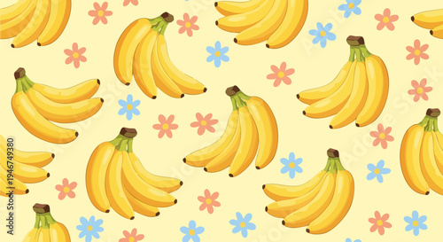 Seamless vector pattern featuring bright yellow banana bunches and small pastel pink and blue flowers on a light yellow background, ideal for summer designs, food packaging
