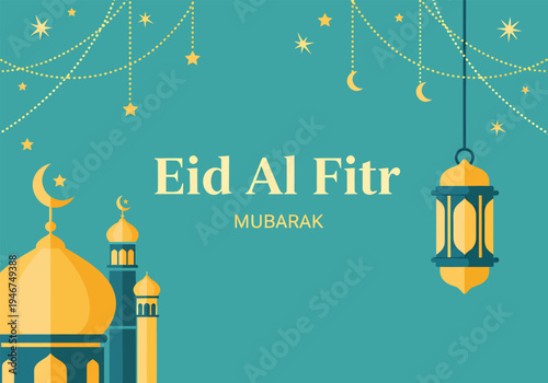 Landscape banner happy eid al-fitr with a mosque and lamp, vector illustration design