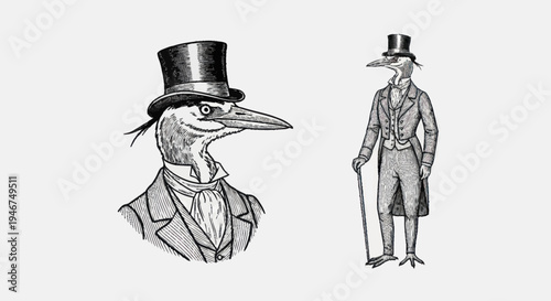 Vintage Illustration of Anthropomorphic Bird in Formal Attire.
