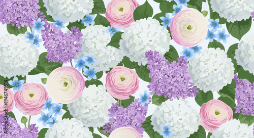 Seamless vector pattern with white hydrangeas, pink ranunculus, purple lilacs, and blue forget-me-nots, ideal for spring and summer floral backgrounds, fabric prints, and decorative designs.