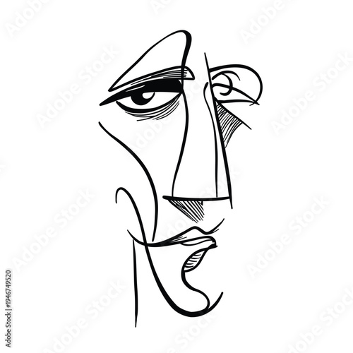 Abstract minimalist line art illustration of a human face drawn with continuous black lines. Modern cubist style portrait expressing emotion and identity. Suitable for design, posters,  branding