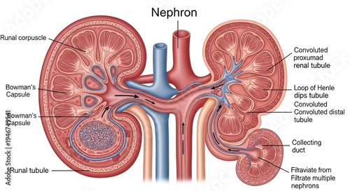 Detailed anatomical illustration of the kidney showing cortex and medulla with enlarged nephron, including Bowman’s capsule, glomerulus, proximal and distal convoluted tubules, loop of Henle and colle