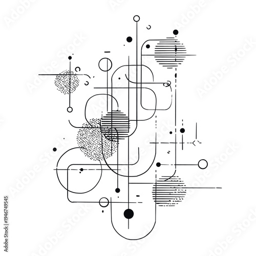 Modern abstract geometric line illustration with circles, dots and intersecting lines. Minimal black and white contemporary design background