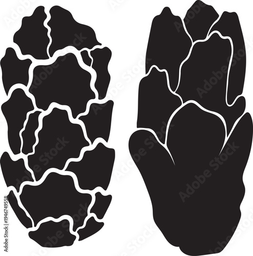 Abstract Flat Solid Black Vector Illustration of Two Unique Botanical Hop Cone Silhouettes, Clean and Uncommon Design for Graphic Elements