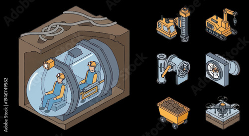 Isometric underground transport capsule with passengers and construction elements.