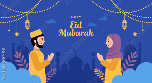 The couple was exchanging apologies on Eid al-Fitr, vector illustration