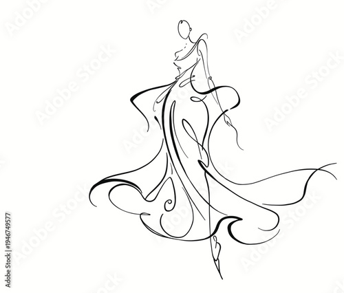 Minimalist continuous line drawing of an elegant woman walking in a long flowing dress. Fashion and beauty concept illustration ideal for branding, posters and lifestyle designs