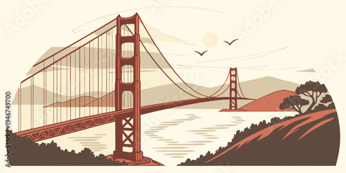 USA, US, U.S, United States - Golden Gate Bridge foggy sunrise panorama over San Francisco Bay iconic red bridge
